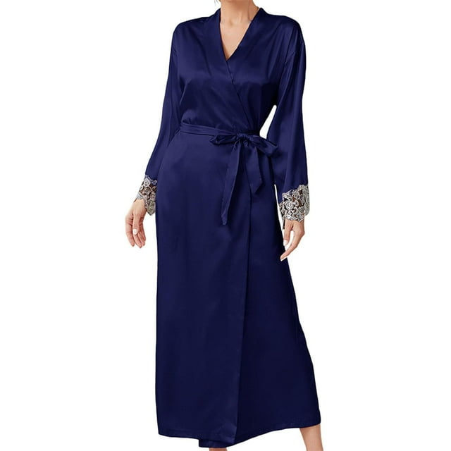 AherBiu Long Robes for Women Lightweight Sexy Satin Wedding Party Bathrobes Lace Full Length Robe