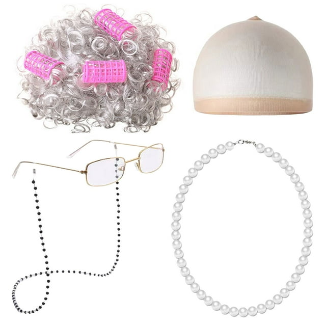 Disfraz de anciana para niños, disfraz escolar, peluca de abuela, accesorio para disfraz, rulos para disfraz de anciana
