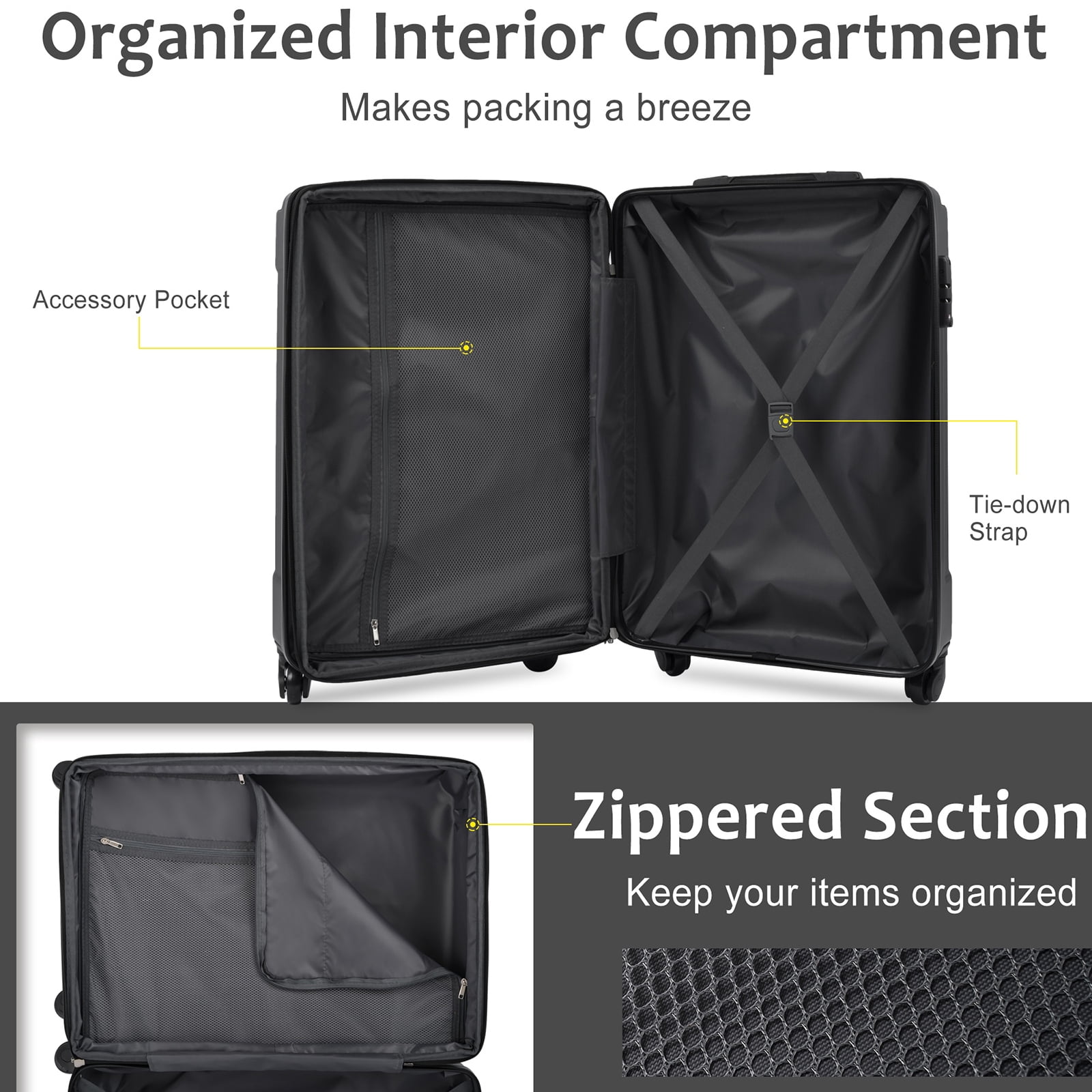 Hardshell Luggage, Lightweight Durable ABS Suitcase with Double Spinner Wheels, TSA Lock, 20 Inch Travel Carry On Luggage (Black)