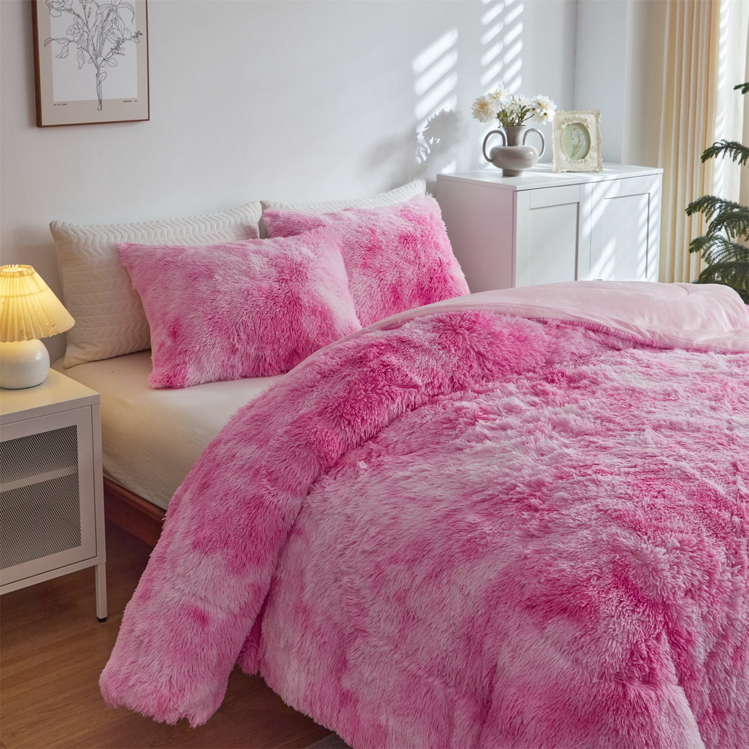 Wajade Plush Shaggy Comforter Set Fluffy Fuzzy Faux Fur Bedding Set - 3PC Microfiber Soft Warm Quilt Set(Pink White Tie Dye,Queen Size)