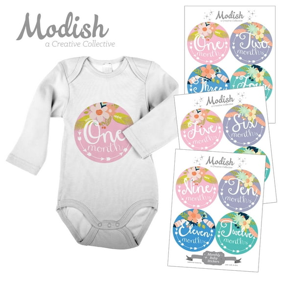 Modish Monthly Baby Stickers, Girl, Floral, Tribal Flowers, Arrows, Pink, Purple, Lavender, Teal, Blue, Baby Photo Prop, Baby Shower Gift, Baby Book Keepsake
