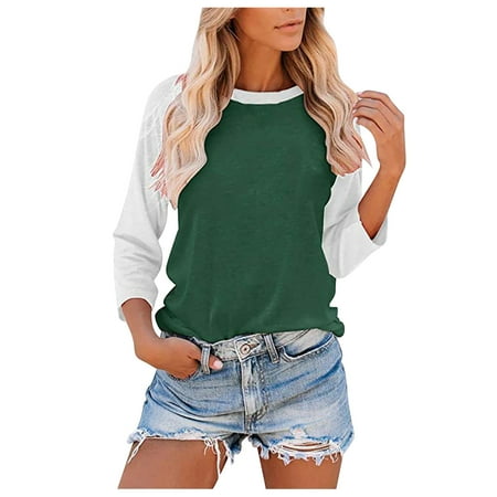 

Mrat Long Sleeve Fashion Tops for Women Long Sleeve Round-Neck Shirts Ladies Round Neck Casual Printed Color-Blocking Three-Quarter Sleeve Blouse Long Sleeve Bustier Tops for Female