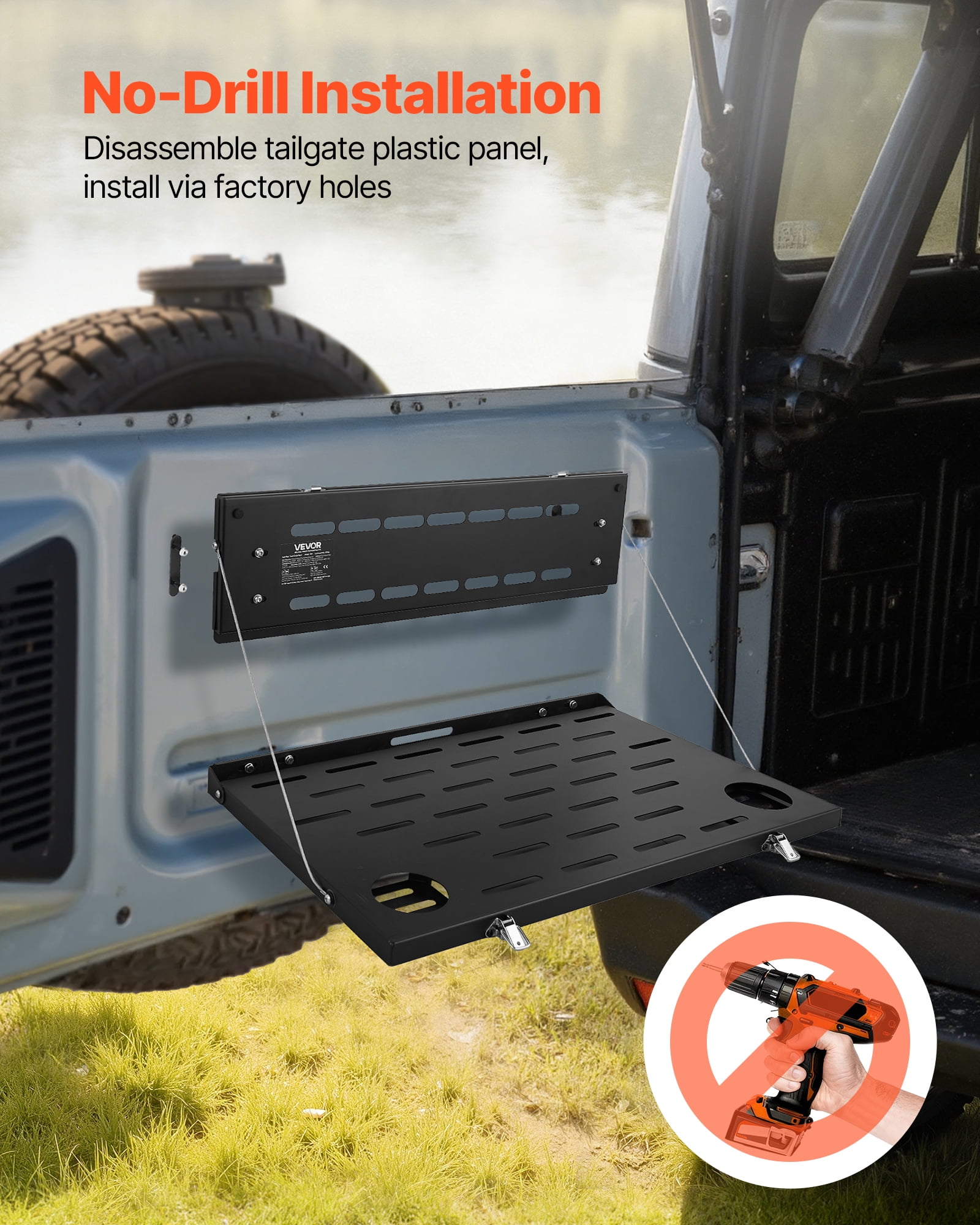 VEVOR Tailgate Table, for 2021-2025 Ford Bronco, 88 lbs Load Capacity, Carbon Steel Foldable Molle Panel Drop Down Table, Rear Door Cargo Storage Rack Shelf Luggage Holder Carrier Camping Accessories