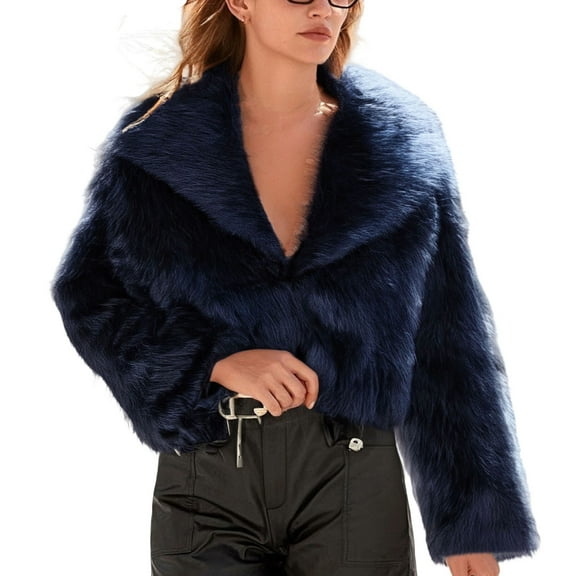 Wensltd Women's Faux-fur Jacket Long Sleeve Winter Fleece Coats Warm Outerwear Fall Clothes Blue