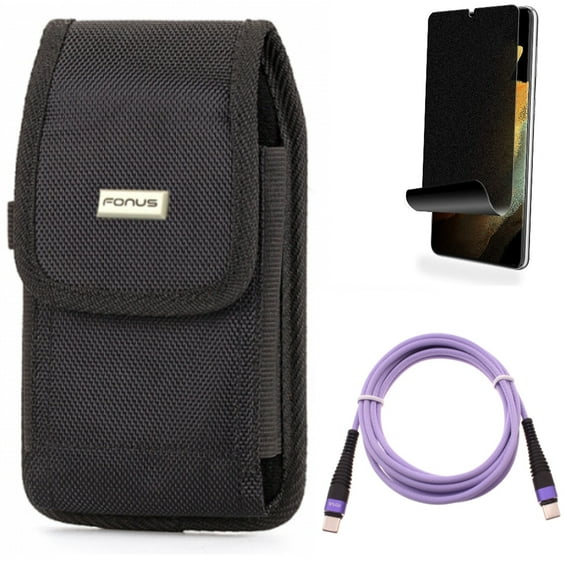 Purple 6ft PD Cable & Privacy Screen Protector & Case Belt Clip for Samsung Galaxy S22 Plus (S22 ) - Combo Type-C to USB-C Long Charger Cord Power & TPU Film (Fingerprint) Anti-Peep & Swivel Holster