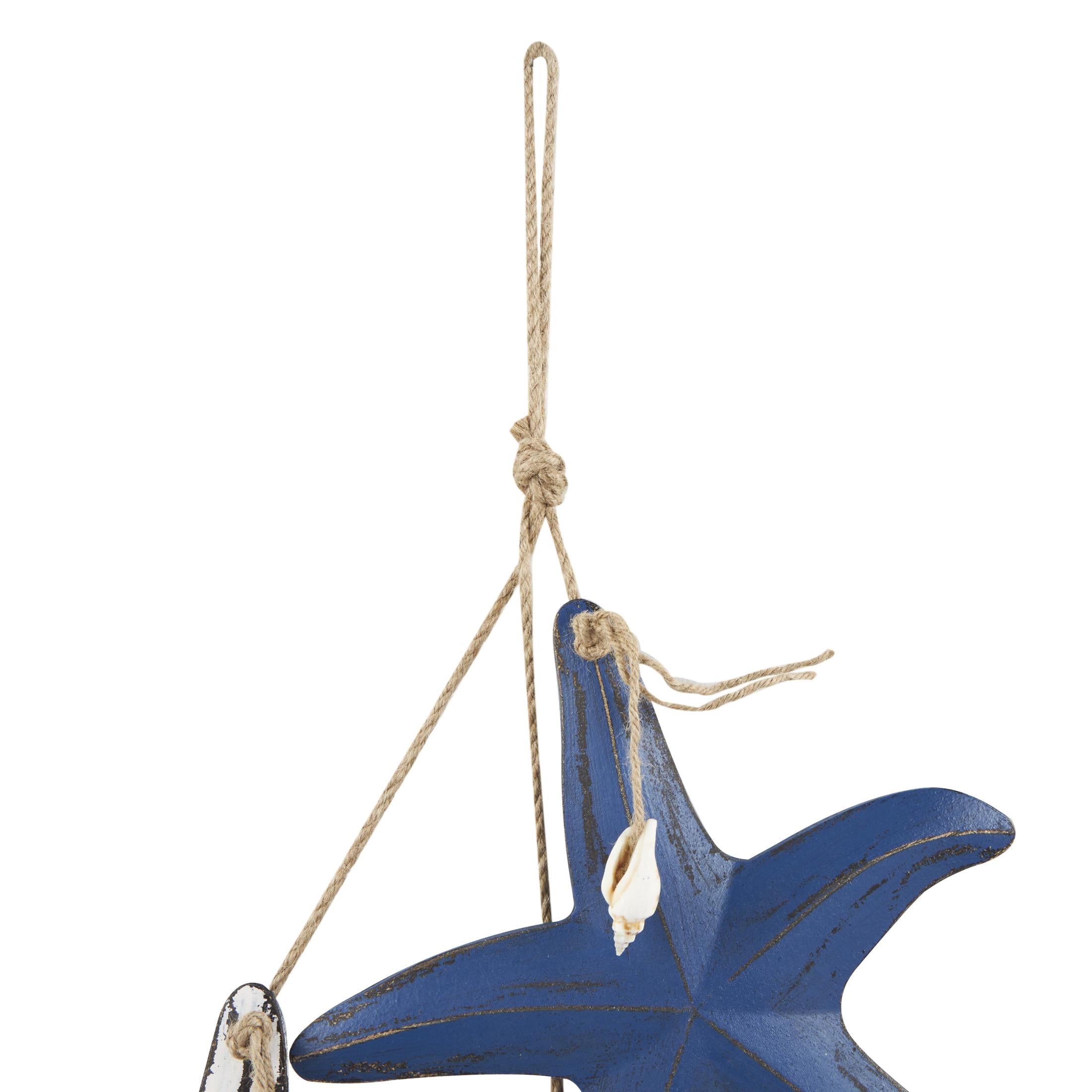 DecMode Blue Wooden Distressed Layered Starfish Wall Decor with Hanging Rope and Decorative Shell Accents
