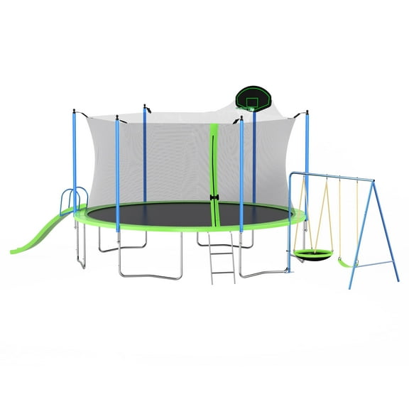 【LuckyNote】14FT Trampoline with Slide and Swings, Double color cover, Trampoline with Basketball Hoop and Ladder,Outdoor Backyard Trampoline with Net