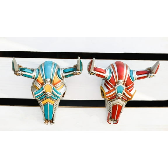 Set of 2 Red and Blue Western Robotic Cyborg Horned Cow Skull Wall Decors