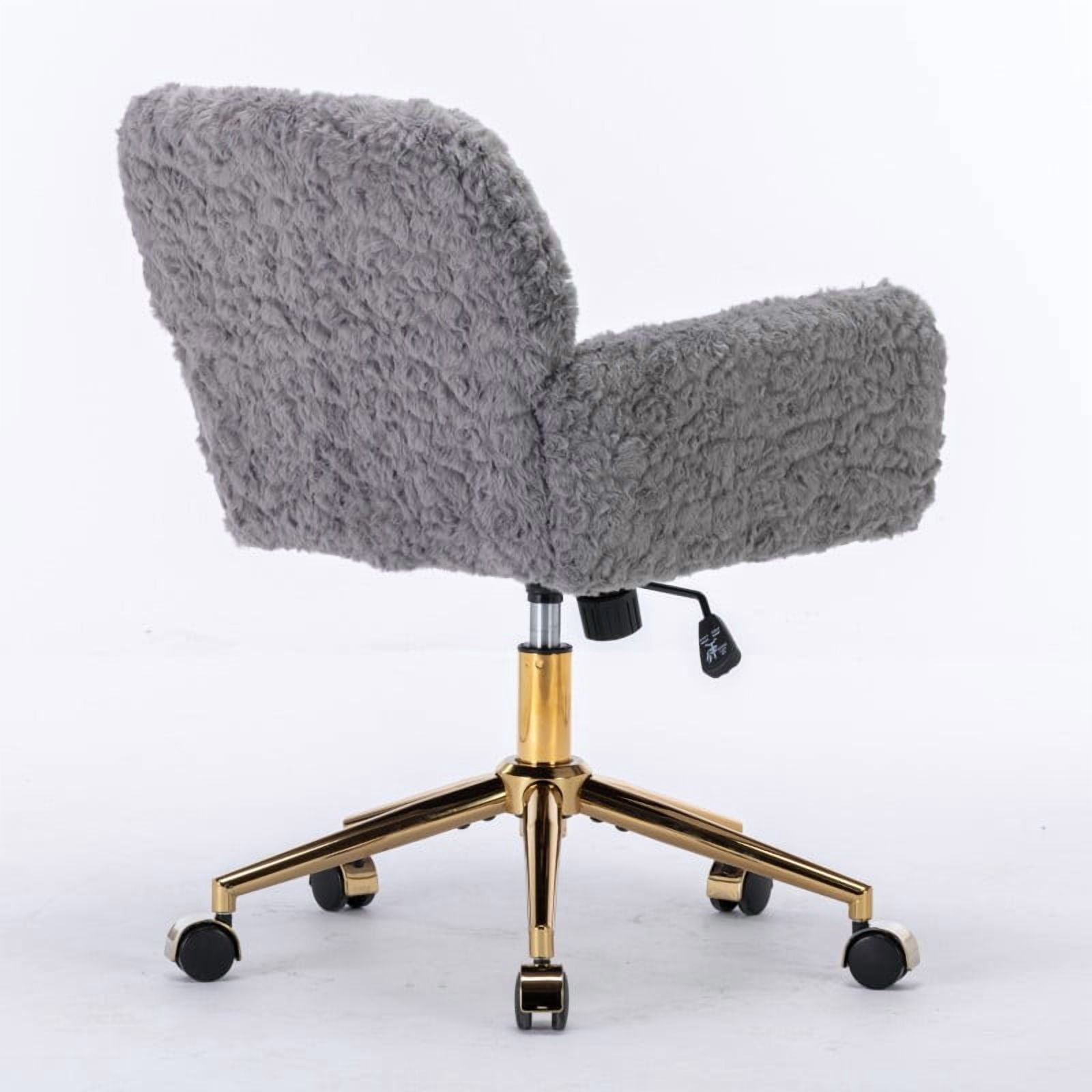 Faux Fur Office Chair for Women & Teens, Adjustable Swivel Desk Chair with Metal Base & Colorful Wheels, 22.5"W x 21.5"D, Ivory Vanity Chair/G