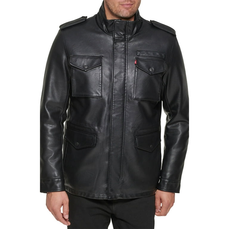 Levi s Mens Faux Leather Four Pocket Military Jacket Large Black