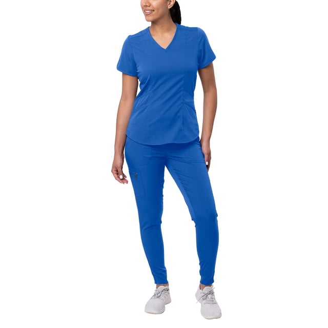 Conjunto médico deportivo moderno Adar Pro para mujer - Top médico moderno con cuello en V y pantalones médicos estilo jogger de yoga - P9500 - Azul real - XS