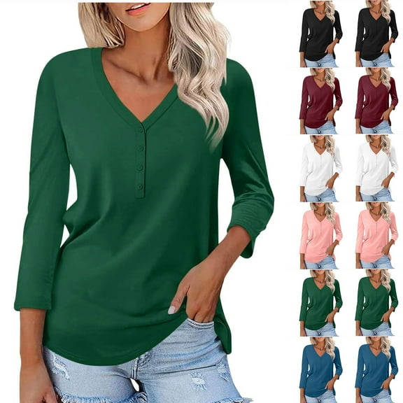 ATOYSOY Trendy Solid Color Tops Loose Shirts for Women Casual V Neck Button Pullovers Outwear Fall 3/4 Sleeve Tees Black L