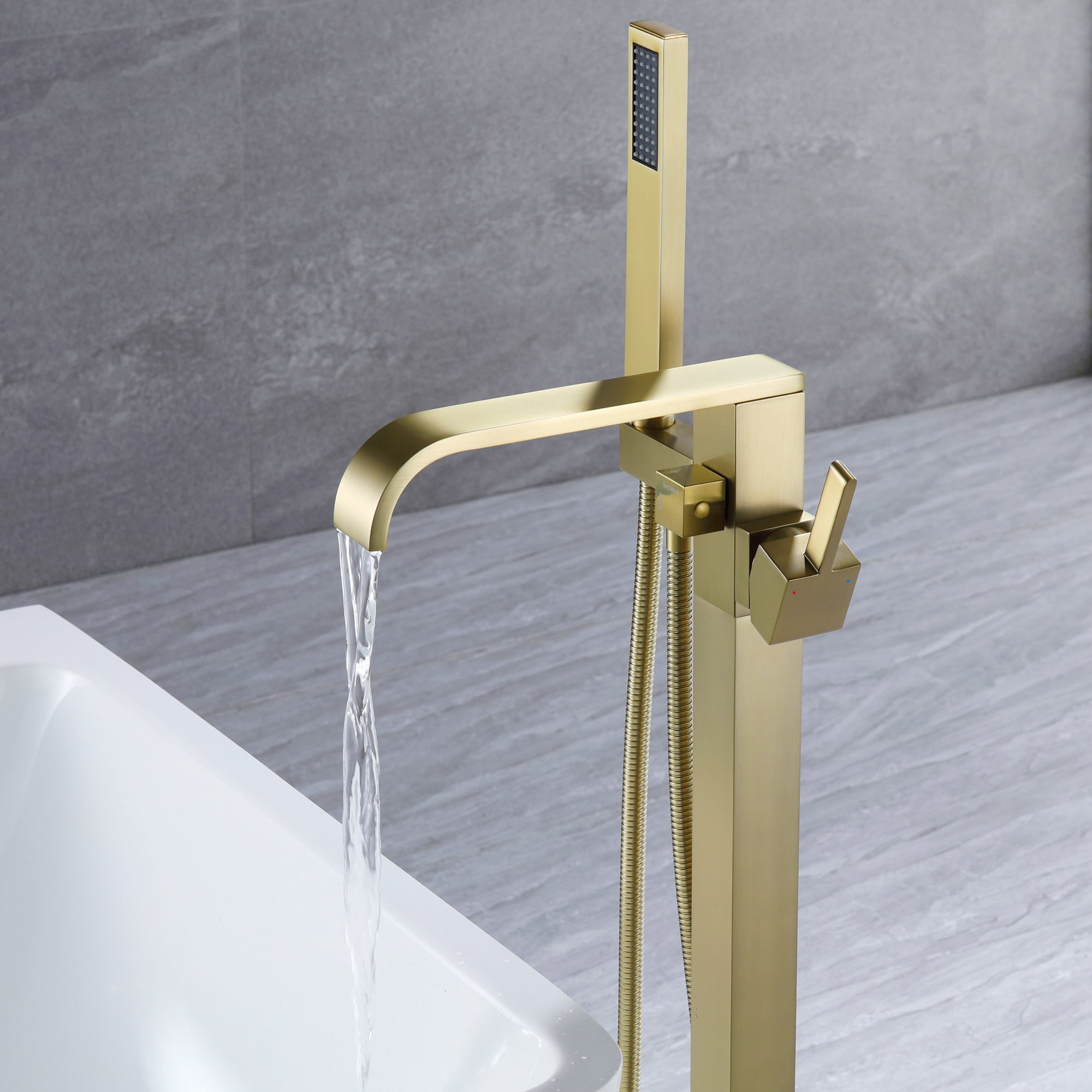 Wand Floor Mounted Bathroom Tub Filler with Hand Shower, Brass Freestanding Bathtub Faucet
