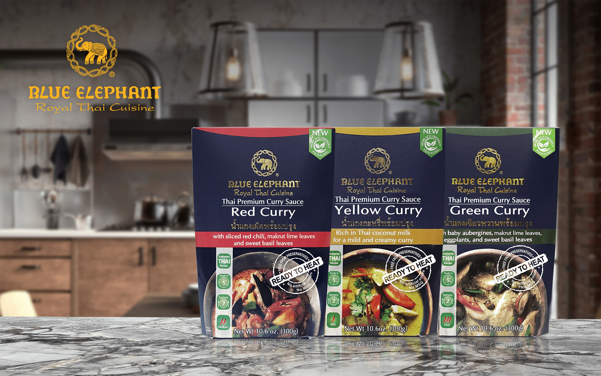 Blue Elephant Royal Thai Cuisine Variety Pack with One Each Yellow, Red and Green 300g Curry Sauce