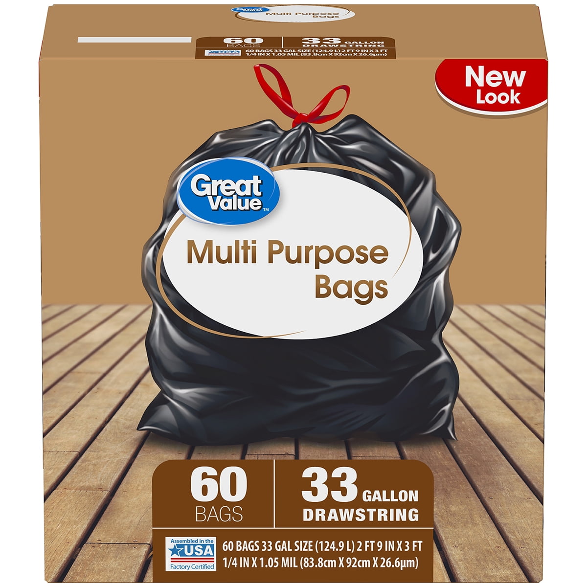 Great Value MultiPurpose Drawstring Trash Bags, 33 Gallon, 60 Count