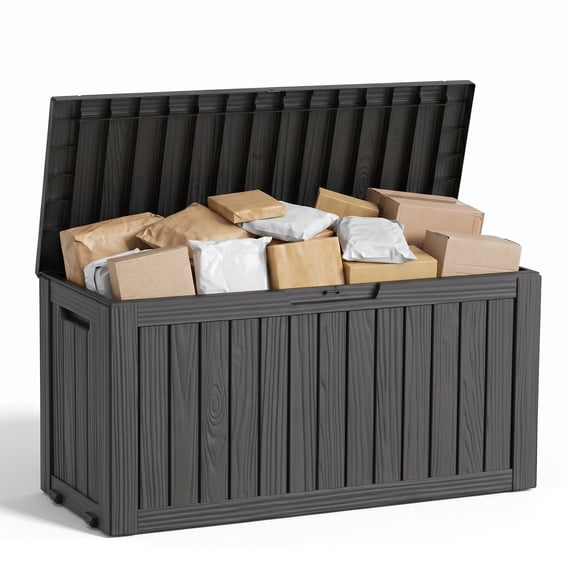 MINDYES 85 Gallon Deck Box, Backyards Cushions Outdoor Storage Box, Resin Patio Storage for Garden Tools, Black