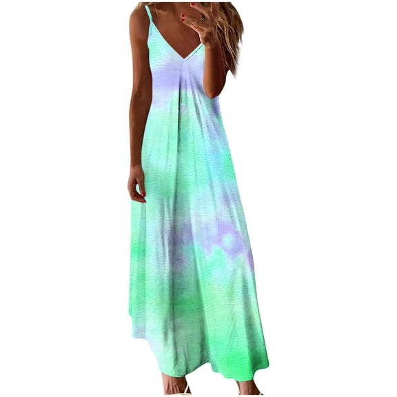 Qiopertar Summer Tie Dye Print Beach Ruffle Sleeveless V-Neck Dress for Women Casual Vacation Party Fashion Camisole Dress, Green XL