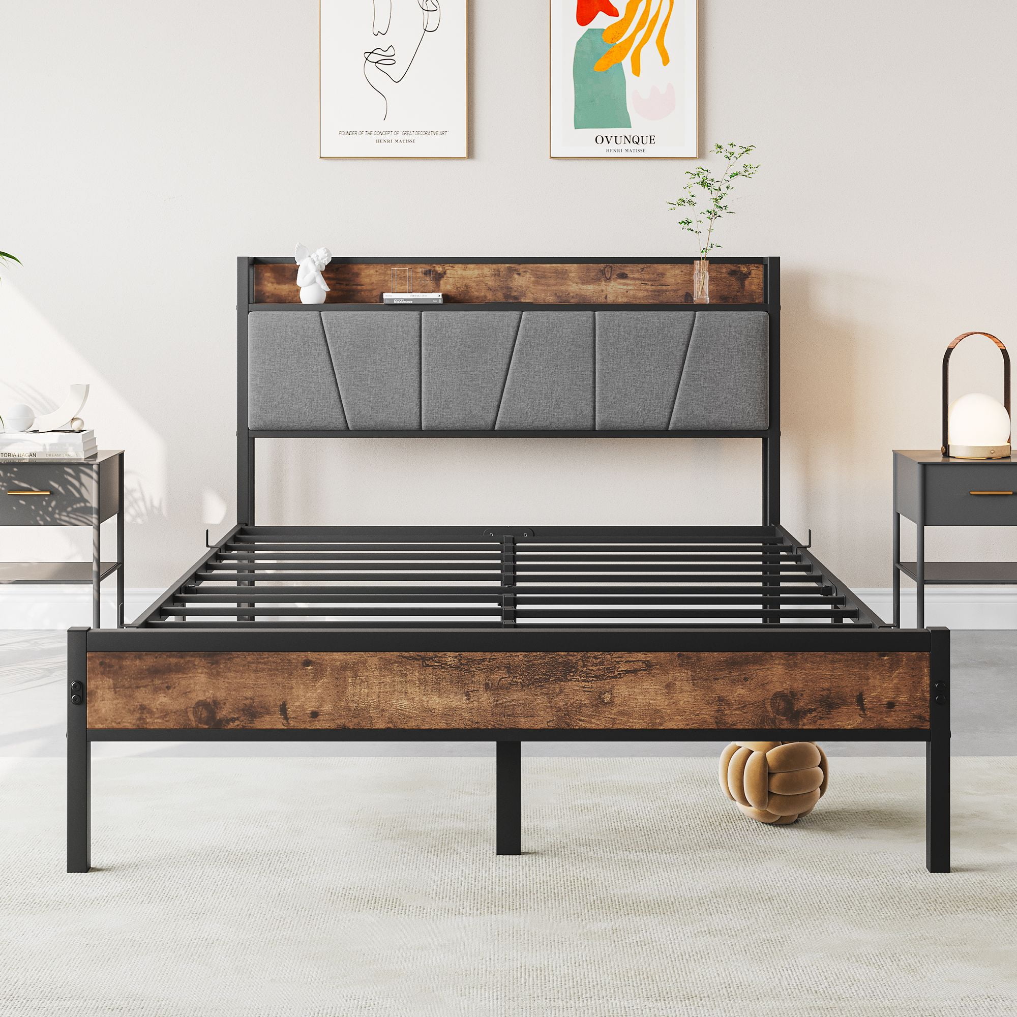 Aukfa Full Size Bed Frame with 2-Tier Storage Headboard Shelf and Charging Station, Brown