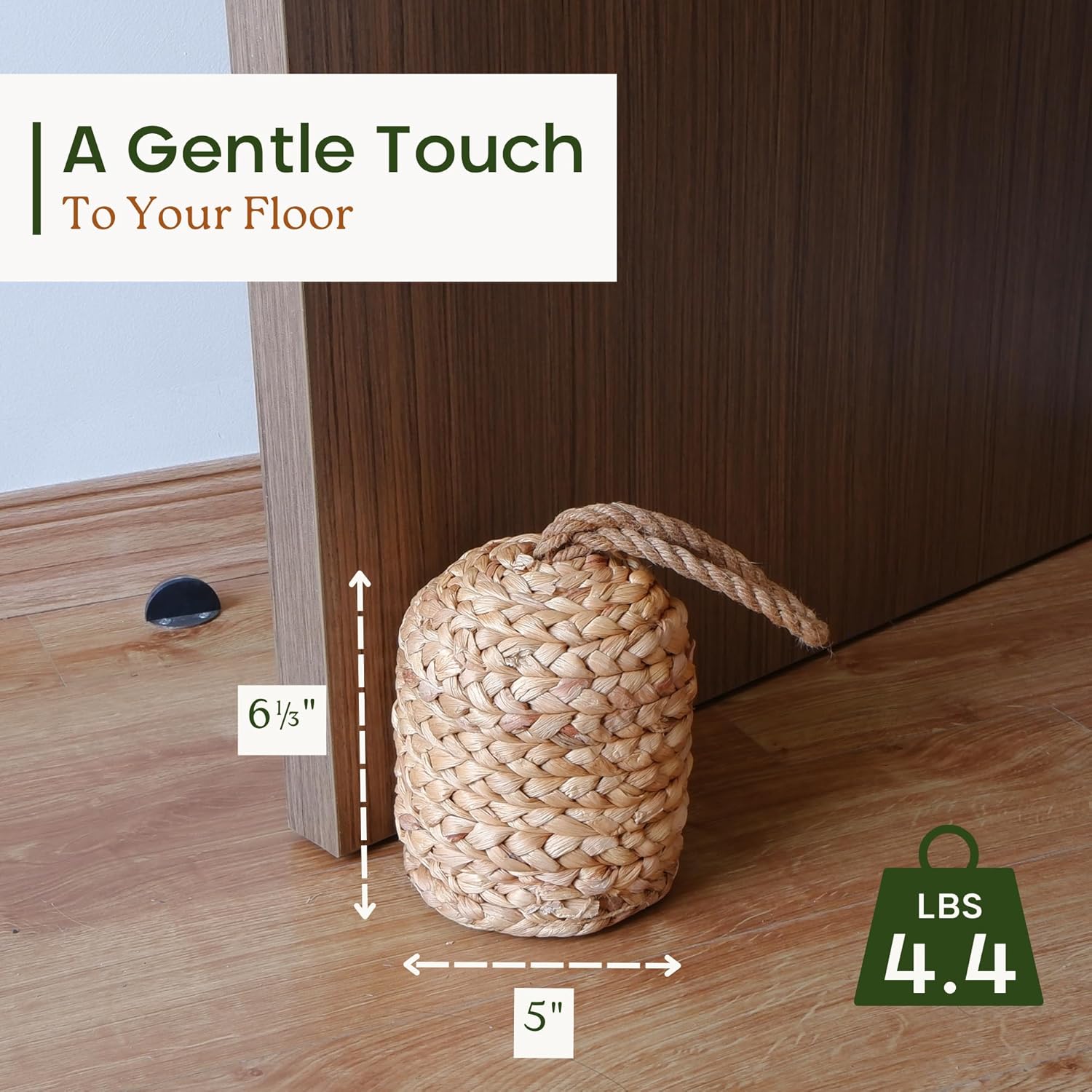 4.4lbs Natural Door Stopper for Bottom of Door Decorative Heavy Duty Door Stop with Handle Wicker Cute Door Stopper for Modern Farmhouse Water Hyacinth Home Decor 4.7"D x 6.3"H (Cylinder)