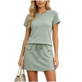 thumbnail image 3 of DYTTDG Women's 2-Piece Casual Outfit | Crew Neck Short Sleeve Top & Drawstring Waist A-Line Skirt Set, Matching Summer Set, 3 of 6