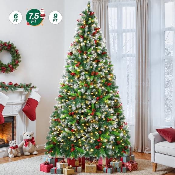 Firstness 7.5ft Pre-Lit Artificial Christmas Tree,Green Xmas Tree with 1400 Branch Tips 600 LED Lights,Pine Cones   Red Berries
