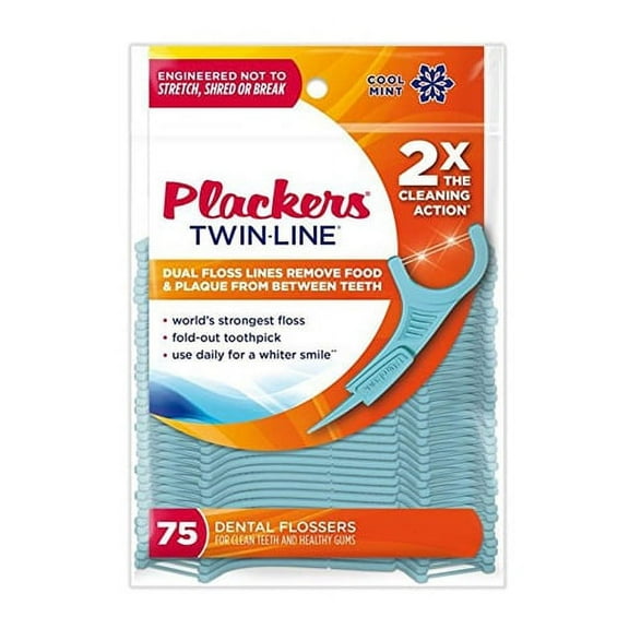 Plackers Twin-Line Advanced Cleaning Dental Flossers, Mint Flavor - 75 Ea, 6 Pack