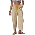 thumbnail image 2 of Women's Summer Casual Pants Striped Washed Cotton High Waist Drawstring Loose Fit Cropped Trousers with Pockets for Vacation, 2 of 9