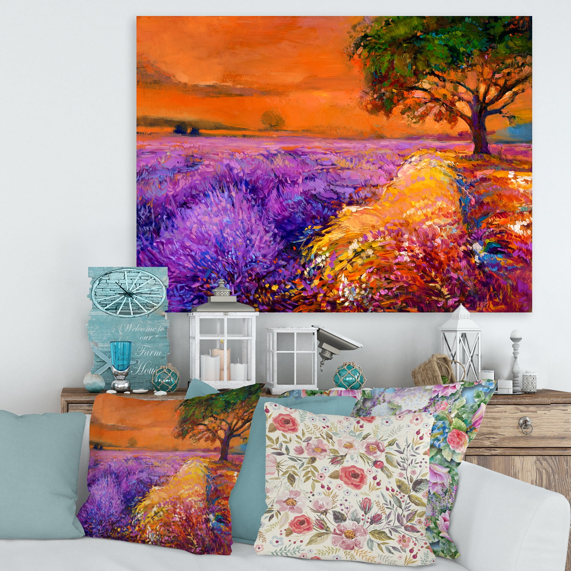 Designart ' An Orange Sunset Over Purple Lavender Fields II ' Farmhouse Canvas Wall Art Print