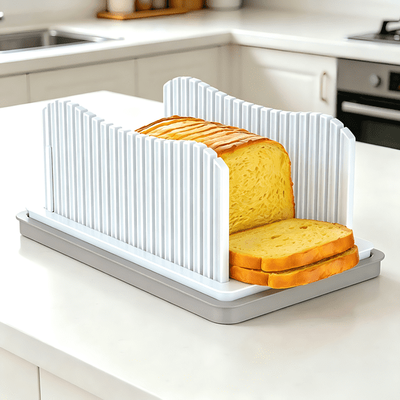 Adjustable Bread Slicer with Crumb Catcher - Foldable Cutter Guide for Even Slices of Homemade Bread, Bagels & Cakes