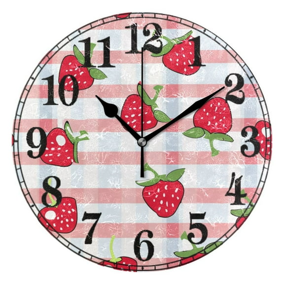 Strawberry on Checkered Silent Wall Clock 10" Non-Ticking Battery Clock