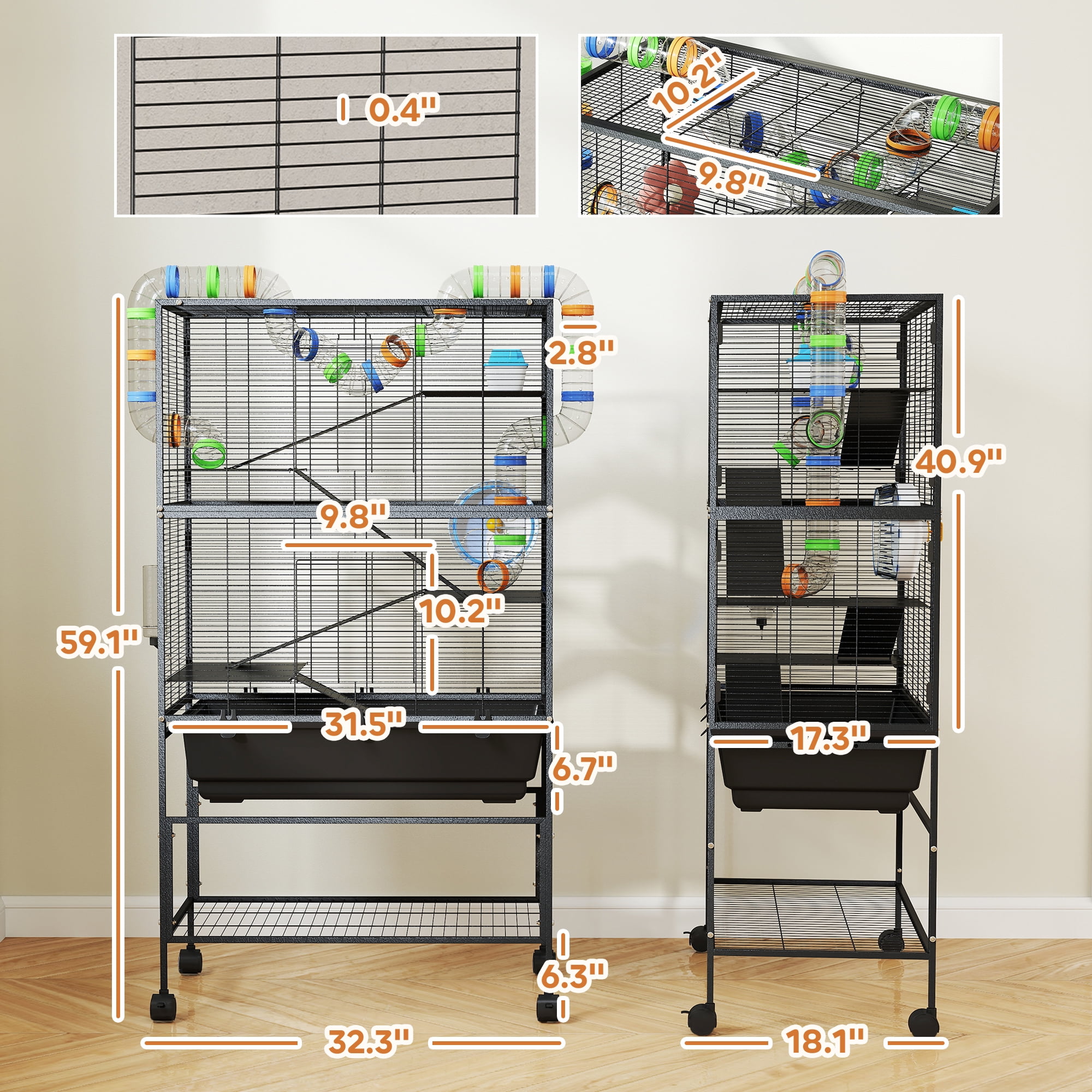 PawHut Hamster Cage, 5 Tier Rolling Rat Cage with Deep Tray, Storage Shelf, Big Exercise Wheel, Hut, Tube System, for Syrian, Gerbil, Mouse