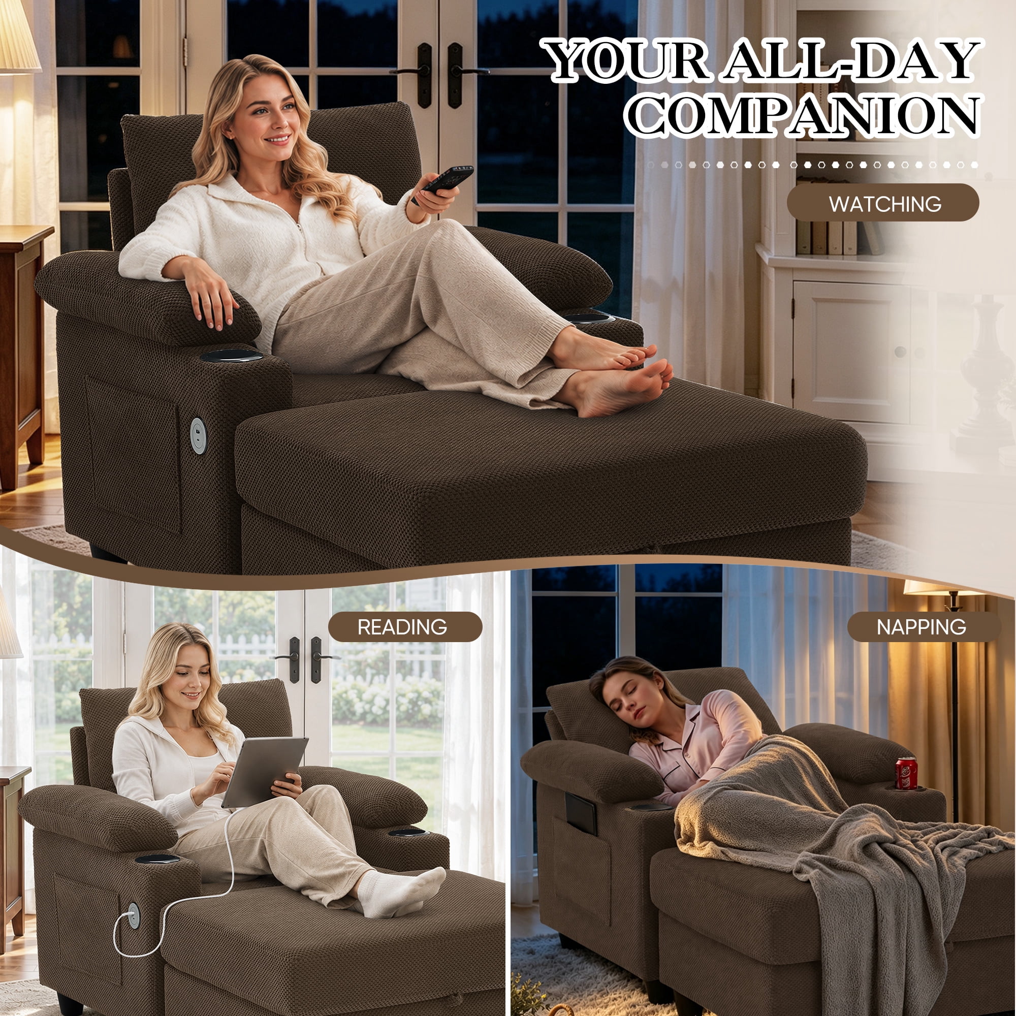 Lunale Accent Chair with Storage Ottoman & Adjustable Backrest, Chaise Lounge Chair Indoor with USB, Living Room Reading Armchair, Coffee