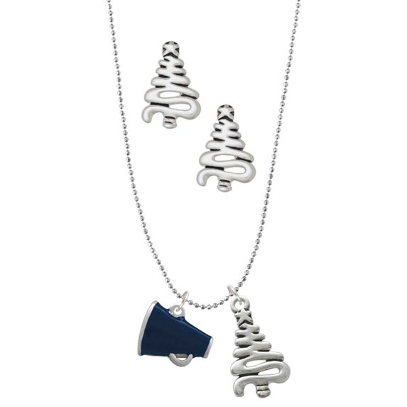Delight Jewelry Silvertone Small Navy Blue Megaphone Silver tone Zig Zag Christmas Tree Charm Necklace and Stud Earrings