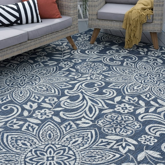 Bliss Rugs Floral Large Indoor Outdoor Area Rug for Patio, Porch, Garden | Navy and Light Gray, 5'3''x7'3''
