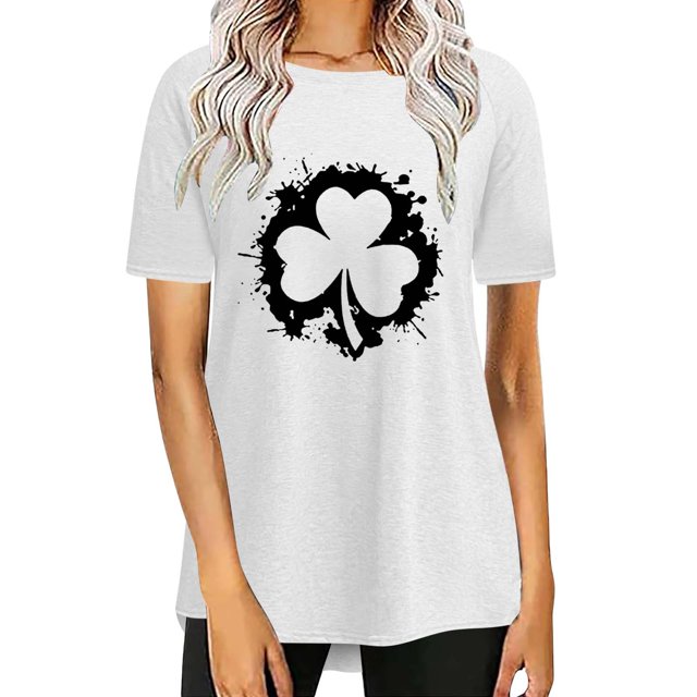 Pxiakgy Vente Chaude! T-Shirt Trèfle de la Saint-Patrick pour Femmes Chanceux Irlandais Manches Courtes T-Shirt Graphique Trèfle Mode Décontractée Col Rond Manches Courtes Imprimé Blanc TTG