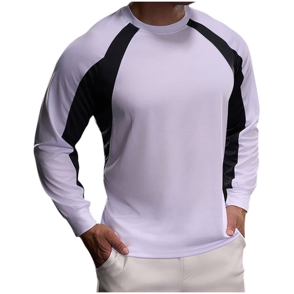 UAMVSH Men's Gym Workout Long Sleeve Shirt Lightweight Stretchy Running Active Tops Trendy Color Block Fitness Undershirts(X-Large,White)