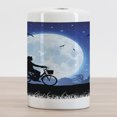 thumbnail image 2 of Moon Ceramic Toothbrush Holder, Landscape Drawing Style with Silhouette of a Person Riding a Bicycle into Night, Decorative Versatile Countertop for Bathroom, 4.5" X 2.7", Blue Black White, 2 of 4
