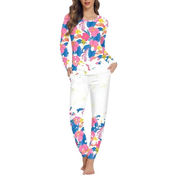 Renewold Fall Pajamas Set for Women Vivid Colorful Flowers Print Sweatpants Long Sleeve Crew Neck Sweatpants Winter Holiday Home Life Shirts Size 5XL
