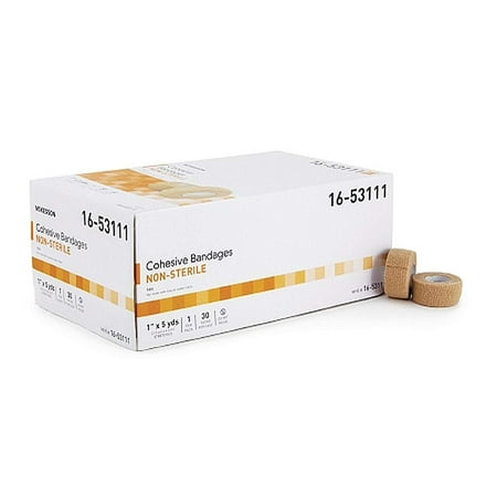 Cohesive Single Face - 30 Pack of Cohesive Bandages 1 Inch X 5 Yard. Self-adhering Bandages to Hold dressings in Place. Single use, tan Color, Non-sterile, Latex-Free.