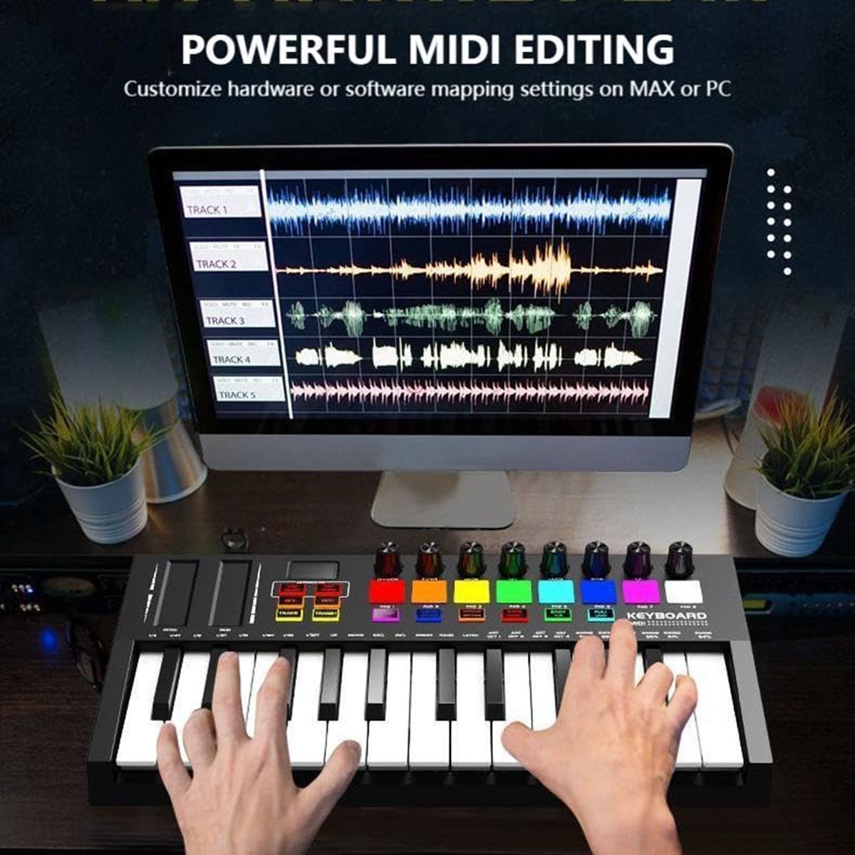 Ataucjin 25 Key MIDI Keyboard Controller with DAW Integration, USB MIDI Keyboard Controller with 8 Drum Pads, 8 Knobs & OLED Display, Compact, Perfect for Music Production