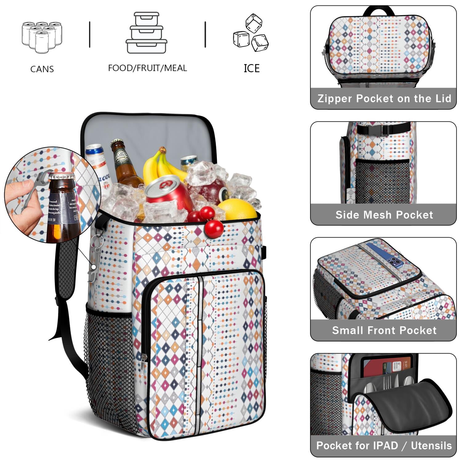 Travel Cooler Bag - Boho Bohemia Pioneer Flower Geometric Line Art Camping Beer Cooler Backpack with Bottle Opener- Waterproof Insulated Picnic Backpacks - Cooler Bag for Beach