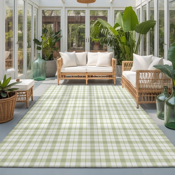 Green Plaid Washable Living Room Rugs 9'x12', Classic Sage Green Grid Checkered Lines Stripes Washable Throw Large Area Rug Non-Slip Sturdy Edge Binding Carpet for Bedroom Dining Room Office