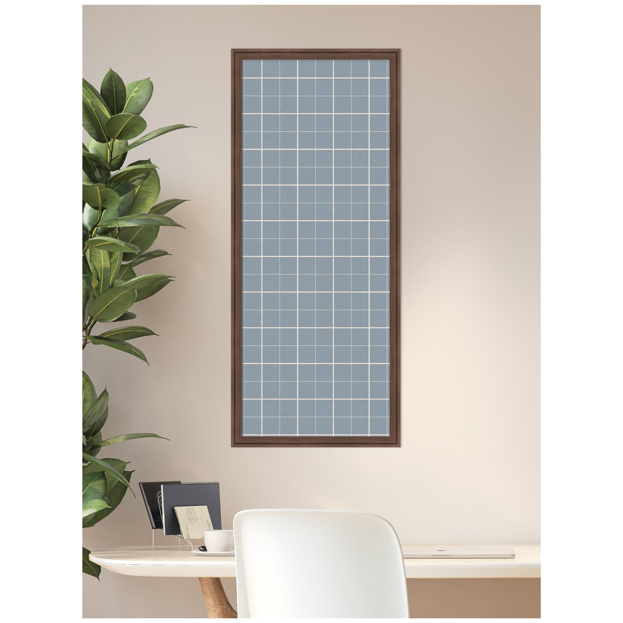 Kate and Laurel Framed Fabric Pinboard 18 x 42, Light Blue Plaid Printed Linen Classic Bulletin Board for Use as a Vision Board or Wall Organization, Florence Medium Brown Frame