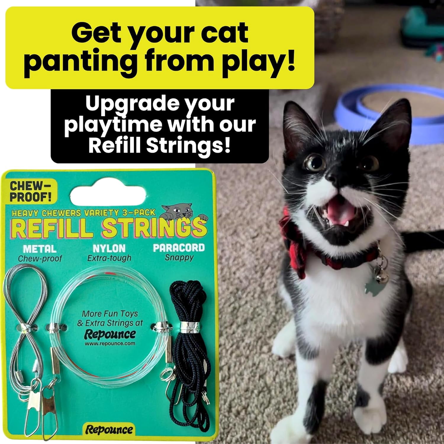 3-Pack Cat Toy Wand Replacement Strings, Chew Proof Metal Wire Nylon Fishing Line Refill for Cat Stick Toy