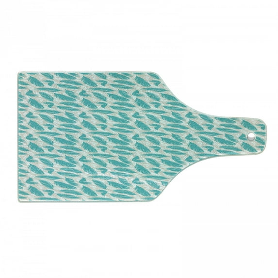 Turquoise Cutting Board, Quills Design Bird Feathers Abstract Animal Elements Nature Inspired, Tempered Glass Cutting and Serving Board, Wine Bottle Shape, Turquoise White Beige, by Ambesonne