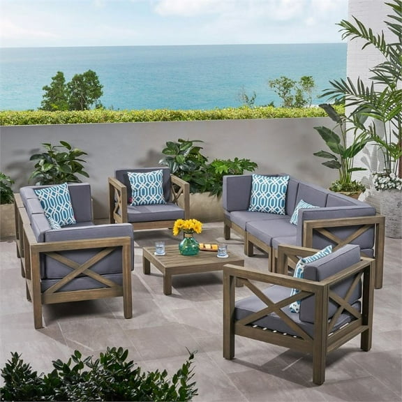 Elisha Outdoor 8 Seater Acacia Wood Sofa and Club Chair Set, Gray and Dark Gray