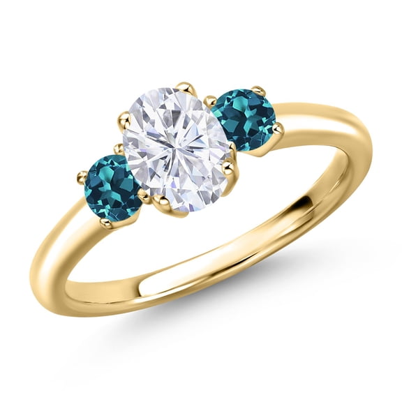 Gem Stone King 10K Yellow Gold White Moissanite and London Blue Topaz Engagement Ring for Women | 1.34 Cttw | Oval 7X5MM | Gemstone Birthstone | Size 7