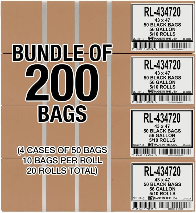 Aluf Plastics 56 Gallon Trash Bags (2 MIL - Pack of 200) 43" x 47" - Large Heavy Duty Can Liners - Plastic Black Garbage Bags for Lawn, Leaf, Contractor, Yard, Outdoor use