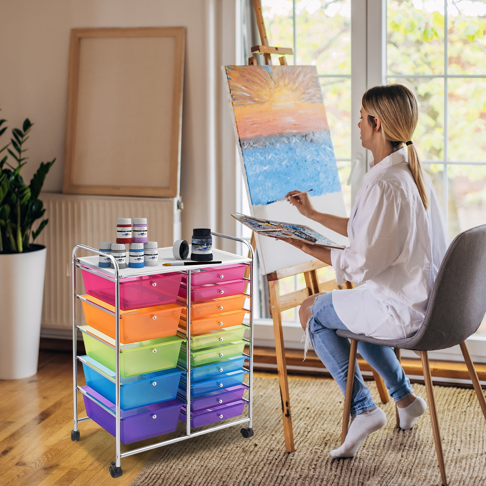 Costway 15-Drawer Rolling Storage Cart Mobile Organizer with Lockable Wheels Multicolor