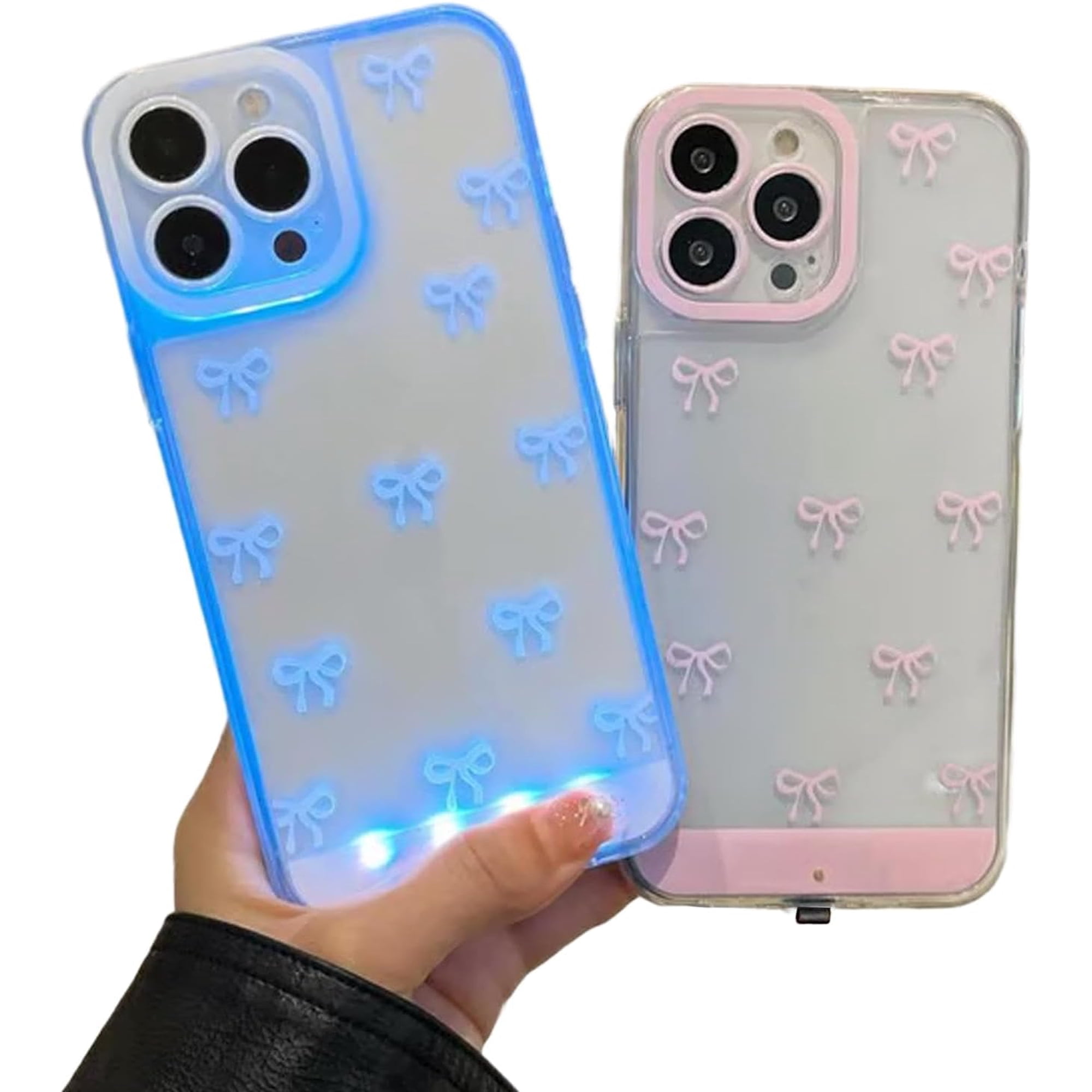 LED Bowknot Phone Case - Built-in Colorful Glowing Phone Cover for iPhone 11/12/13/14/15/16/17 Pro/Pro Max, Incoming Call & Sound Activated Light-Up Case for Women